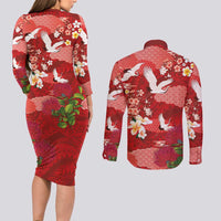 Hawaiian and Japanese Culture Together Couples Matching Long Sleeve Bodycon Dress and Long Sleeve Button Shirt Red Ohia Lehua Plumeria and Sakura Blooming - Polynesian Pride