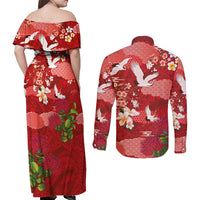 Hawaiian and Japanese Culture Together Couples Matching Off Shoulder Maxi Dress and Long Sleeve Button Shirt Red Ohia Lehua Plumeria and Sakura Blooming - Polynesian Pride