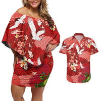 Hawaiian and Japanese Culture Together Couples Matching Off Shoulder Short Dress and Hawaiian Shirt Red Ohia Lehua Plumeria and Sakura Blooming LT03 Red - Polynesian Pride
