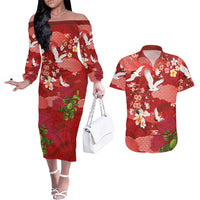 Hawaiian and Japanese Culture Together Couples Matching Off The Shoulder Long Sleeve Dress and Hawaiian Shirt Red Ohia Lehua Plumeria and Sakura Blooming LT03 Red - Polynesian Pride