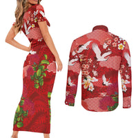 Hawaiian and Japanese Culture Together Couples Matching Short Sleeve Bodycon Dress and Long Sleeve Button Shirt Red Ohia Lehua Plumeria and Sakura Blooming - Polynesian Pride