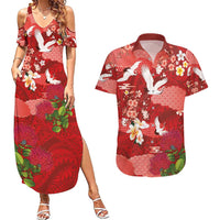 Hawaiian and Japanese Culture Together Couples Matching Summer Maxi Dress and Hawaiian Shirt Red Ohia Lehua Plumeria and Sakura Blooming - Polynesian Pride
