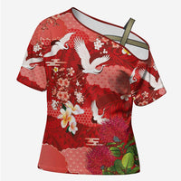 Hawaiian and Japanese Culture Together Cross Shoulder Shirt Red Ohia Lehua Plumeria and Sakura Blooming - Polynesian Pride