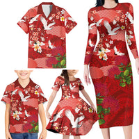 Hawaiian and Japanese Culture Together Family Matching Long Sleeve Bodycon Dress and Hawaiian Shirt Red Ohia Lehua Plumeria and Sakura Blooming LT03 - Polynesian Pride
