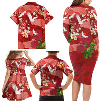 Hawaiian and Japanese Culture Together Family Matching Long Sleeve Bodycon Dress and Hawaiian Shirt Red Ohia Lehua Plumeria and Sakura Blooming LT03 - Polynesian Pride