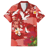 Hawaiian and Japanese Culture Together Family Matching Long Sleeve Bodycon Dress and Hawaiian Shirt Red Ohia Lehua Plumeria and Sakura Blooming LT03 Dad's Shirt - Short Sleeve Red - Polynesian Pride