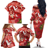Hawaiian and Japanese Culture Together Family Matching Off The Shoulder Long Sleeve Dress and Hawaiian Shirt Red Ohia Lehua Plumeria and Sakura Blooming - Polynesian Pride