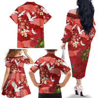 Hawaiian and Japanese Culture Together Family Matching Off The Shoulder Long Sleeve Dress and Hawaiian Shirt Red Ohia Lehua Plumeria and Sakura Blooming LT03 - Polynesian Pride