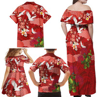Hawaiian and Japanese Culture Together Family Matching Off Shoulder Maxi Dress and Hawaiian Shirt Red Ohia Lehua Plumeria and Sakura Blooming LT03 - Polynesian Pride