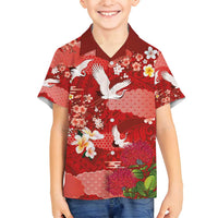 Hawaiian and Japanese Culture Together Family Matching Off Shoulder Maxi Dress and Hawaiian Shirt Red Ohia Lehua Plumeria and Sakura Blooming LT03 Son's Shirt Red - Polynesian Pride