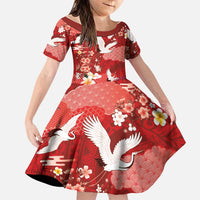 Hawaiian and Japanese Culture Together Family Matching Off Shoulder Short Dress and Hawaiian Shirt Red Ohia Lehua Plumeria and Sakura Blooming LT03 Daughter's Dress Red - Polynesian Pride