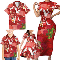 Hawaiian and Japanese Culture Together Family Matching Short Sleeve Bodycon Dress and Hawaiian Shirt Red Ohia Lehua Plumeria and Sakura Blooming - Polynesian Pride