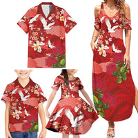 Hawaiian and Japanese Culture Together Family Matching Summer Maxi Dress and Hawaiian Shirt Red Ohia Lehua Plumeria and Sakura Blooming LT03 - Polynesian Pride