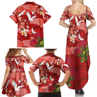 Hawaiian and Japanese Culture Together Family Matching Summer Maxi Dress and Hawaiian Shirt Red Ohia Lehua Plumeria and Sakura Blooming LT03 - Polynesian Pride