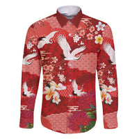 Hawaiian and Japanese Culture Together Family Matching Summer Maxi Dress and Hawaiian Shirt Red Ohia Lehua Plumeria and Sakura Blooming LT03 Dad's Shirt - Long Sleeve Red - Polynesian Pride