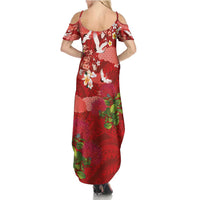 Hawaiian and Japanese Culture Together Family Matching Summer Maxi Dress and Hawaiian Shirt Red Ohia Lehua Plumeria and Sakura Blooming LT03 - Polynesian Pride
