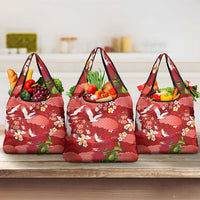 Hawaiian and Japanese Culture Together Grocery Bag Red Ohia Lehua Plumeria and Sakura Blooming - Polynesian Pride