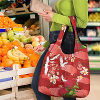 Hawaiian and Japanese Culture Together Grocery Bag Red Ohia Lehua Plumeria and Sakura Blooming - Polynesian Pride
