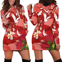 Hawaiian and Japanese Culture Together Hoodie Dress Red Ohia Lehua Plumeria and Sakura Blooming - Polynesian Pride