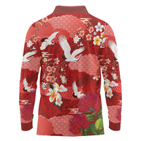 Hawaiian and Japanese Culture Together Long Sleeve Polo Shirt Red Ohia Lehua Plumeria and Sakura Blooming - Polynesian Pride