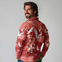 Hawaiian and Japanese Culture Together Long Sleeve Polo Shirt Red Ohia Lehua Plumeria and Sakura Blooming - Polynesian Pride