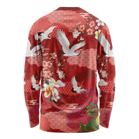 Hawaiian and Japanese Culture Together Long Sleeve Shirt Red Ohia Lehua Plumeria and Sakura Blooming - Polynesian Pride
