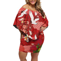 Hawaiian and Japanese Culture Together Off Shoulder Short Dress Red Ohia Lehua Plumeria and Sakura Blooming - Polynesian Pride
