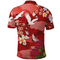 Hawaiian and Japanese Culture Together Polo Shirt Red Ohia Lehua Plumeria and Sakura Blooming - Polynesian Pride