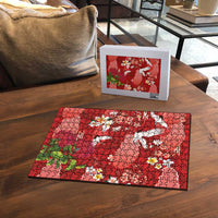 Hawaiian and Japanese Culture Together Puzzle Red Ohia Lehua Plumeria and Sakura Blooming - Polynesian Pride