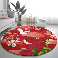 Hawaiian and Japanese Culture Together Round Carpet Red Ohia Lehua Plumeria and Sakura Blooming - Polynesian Pride