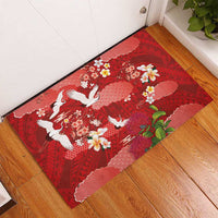 Hawaiian and Japanese Culture Together Rubber Doormat Red Ohia Lehua Plumeria and Sakura Blooming - Polynesian Pride