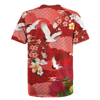 Hawaiian and Japanese Culture Together Rugby Jersey Red Ohia Lehua Plumeria and Sakura Blooming - Polynesian Pride