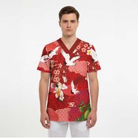 Hawaiian and Japanese Culture Together Scrub Top Red Ohia Lehua Plumeria and Sakura Blooming - Polynesian Pride