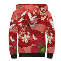Hawaiian and Japanese Culture Together Sherpa Hoodie Red Ohia Lehua Plumeria and Sakura Blooming - Polynesian Pride