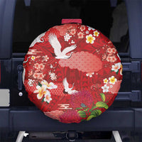 Hawaiian and Japanese Culture Together Spare Tire Cover Red Ohia Lehua Plumeria and Sakura Blooming - Polynesian Pride