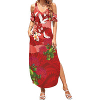 Hawaiian and Japanese Culture Together Summer Maxi Dress Red Ohia Lehua Plumeria and Sakura Blooming LT03 Women Red - Polynesian Pride