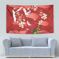 Hawaiian and Japanese Culture Together Tapestry Red Ohia Lehua Plumeria and Sakura Blooming - Polynesian Pride
