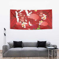 Hawaiian and Japanese Culture Together Tapestry Red Ohia Lehua Plumeria and Sakura Blooming - Polynesian Pride