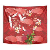 Hawaiian and Japanese Culture Together Tapestry Red Ohia Lehua Plumeria and Sakura Blooming - Polynesian Pride