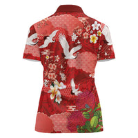 Hawaiian and Japanese Culture Together Women Polo Shirt Red Ohia Lehua Plumeria and Sakura Blooming LT03 - Polynesian Pride