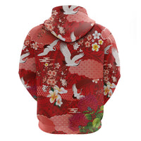 Hawaiian and Japanese Culture Together Zip Hoodie Red Ohia Lehua Plumeria and Sakura Blooming - Polynesian Pride