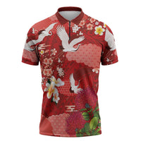 Hawaiian and Japanese Culture Together Zipper Polo Shirt Red Ohia Lehua Plumeria and Sakura Blooming LT03 Red - Polynesian Pride