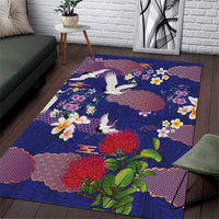 Hawaiian and Japanese Culture Together Area Rug Blue Ohia Lehua Plumeria and Sakura Blooming - Polynesian Pride