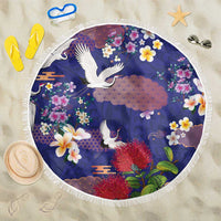 Hawaiian and Japanese Culture Together Beach Blanket Blue Ohia Lehua Plumeria and Sakura Blooming - Polynesian Pride
