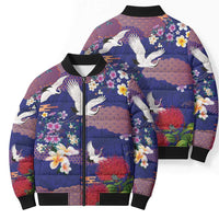 Hawaiian and Japanese Culture Together Bomber Puffer Jacket Blue Ohia Lehua Plumeria and Sakura Blooming - Polynesian Pride