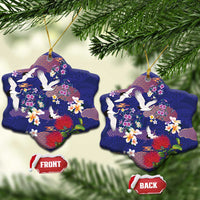 Hawaiian and Japanese Culture Together Ceramic Ornament Blue Ohia Lehua Plumeria and Sakura Blooming - Polynesian Pride