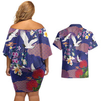 Hawaiian and Japanese Culture Together Couples Matching Off Shoulder Short Dress and Hawaiian Shirt Blue Ohia Lehua Plumeria and Sakura Blooming LT03 - Polynesian Pride