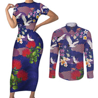 Hawaiian and Japanese Culture Together Couples Matching Short Sleeve Bodycon Dress and Long Sleeve Button Shirt Blue Ohia Lehua Plumeria and Sakura Blooming - Polynesian Pride