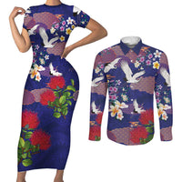 Hawaiian and Japanese Culture Together Couples Matching Short Sleeve Bodycon Dress and Long Sleeve Button Shirt Blue Ohia Lehua Plumeria and Sakura Blooming LT03 Blue - Polynesian Pride