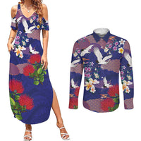 Hawaiian and Japanese Culture Together Couples Matching Summer Maxi Dress and Long Sleeve Button Shirt Blue Ohia Lehua Plumeria and Sakura Blooming LT03 Blue - Polynesian Pride